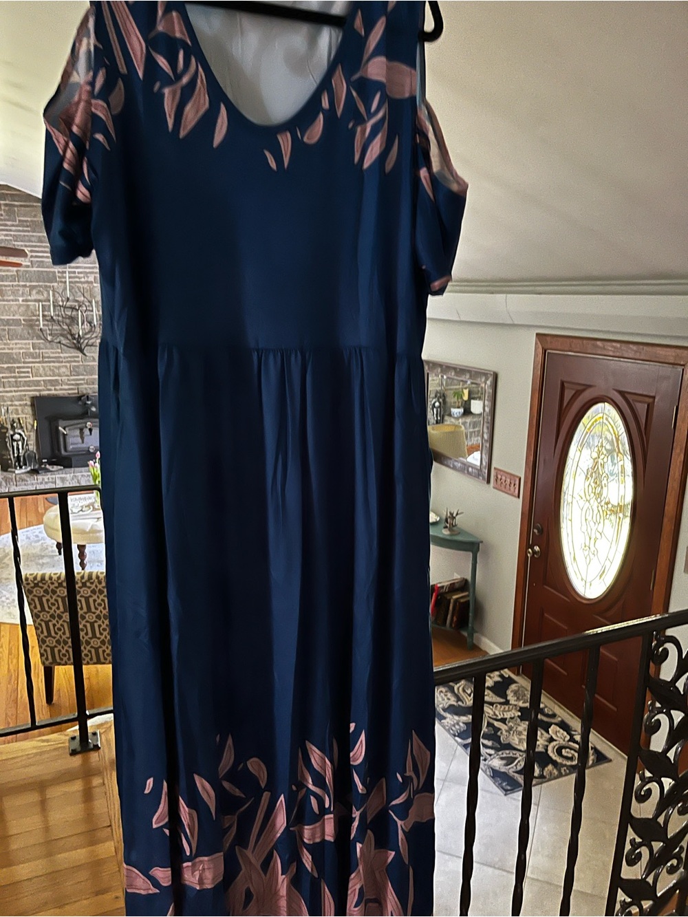 Navy Cold-Shoulder Maxi Dress with Pink Floral Print